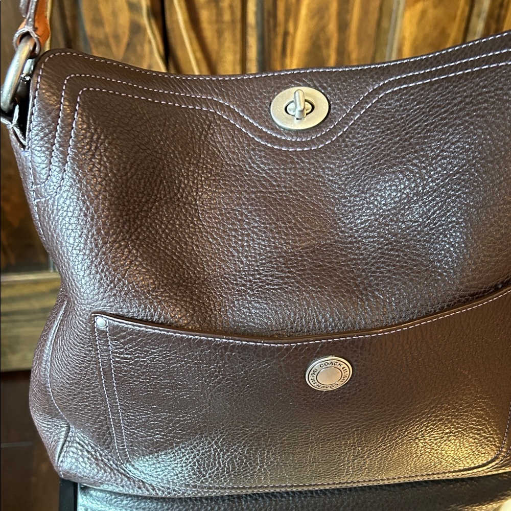 Coach Dark Brown Leather Shoulder Bag with purple stitching and lining - Picture 2 of 16
